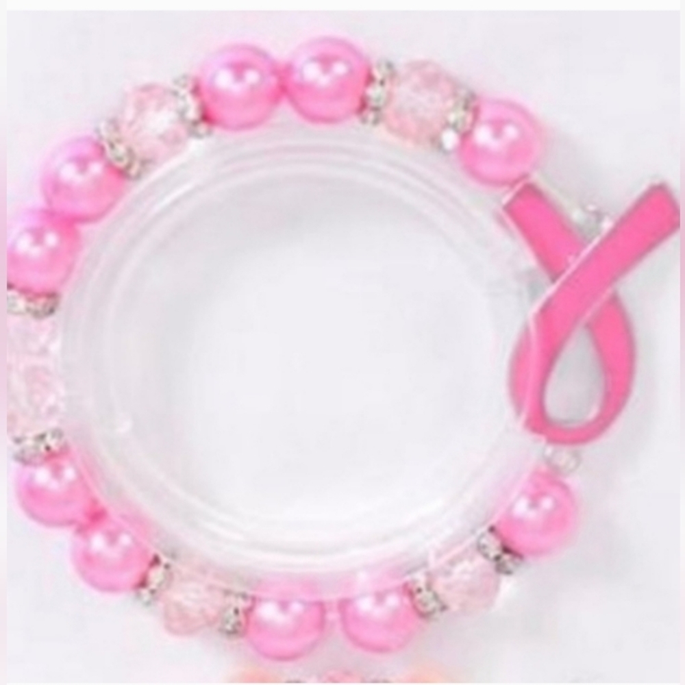 Breast Cancer Awareness Bracelet Beaded Pearly Hot Pink Hope Adjustable NEW